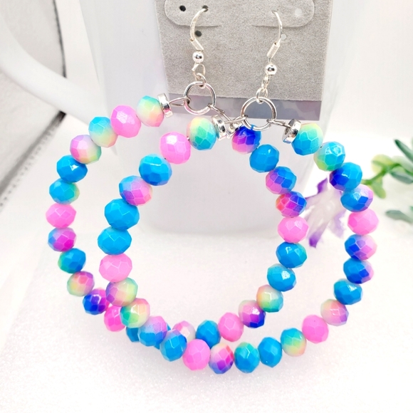 Large hoop earrings with bright pink and blue glass beads create a vibrant 6.5 C - Picture 4 of 4